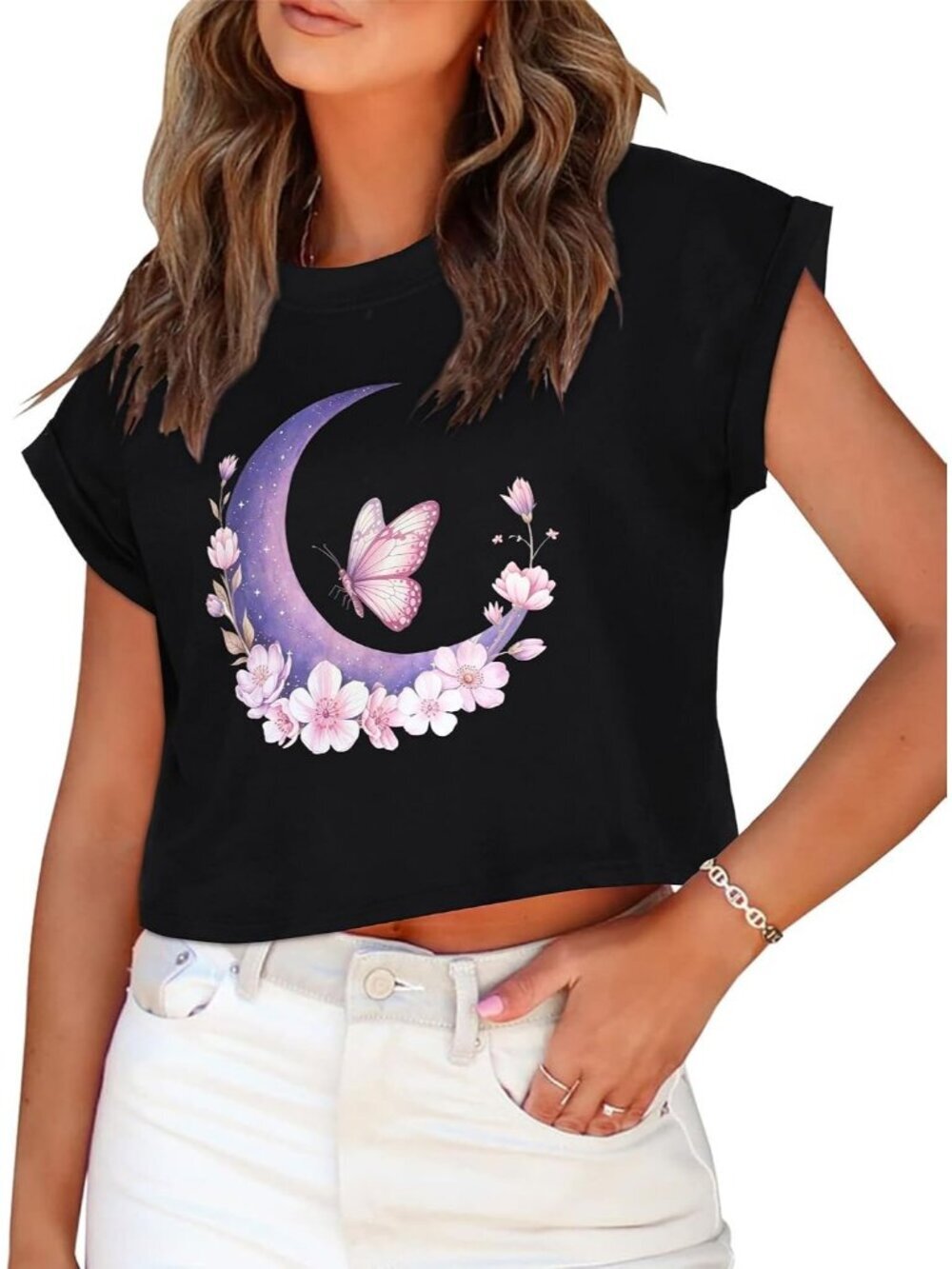 Women's Black Moon Butterfly Crew Neck Cap Sleeves Crop Casual Pull On Tee Shirt